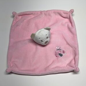 Pink lovey with centered bear and adorable embroidered mushroom flower butterfly